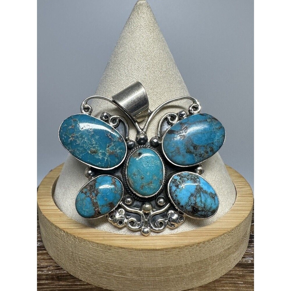 Native American Sterling Silver Large Handmade Turquoise Butterfly Pendant 2.25”